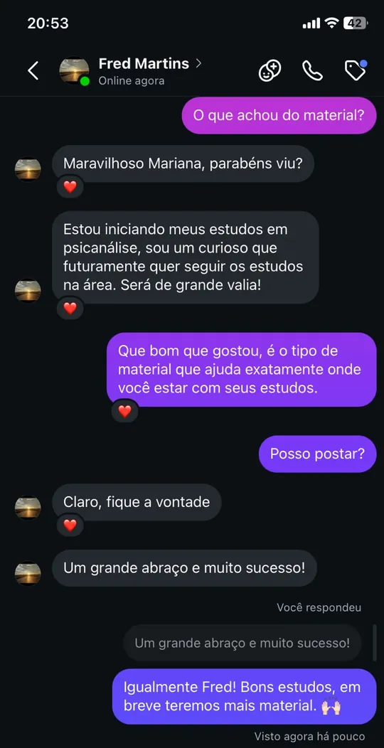 Captura de una conversación por mensaje directo de Instagram: Fred Martins dice que el material es maravilloso, cuenta que está empezando a estudiar psicoanálisis y autoriza la publicación.