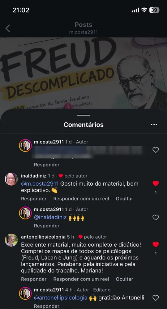 Captura de los comentarios en el post de Freud Descomplicado en el Instagram de Mariana: inaldadiniz dice que le gustó mucho el material, muy explicativo; antonellipsicologia dice que es excelente, muy completo y didáctico, y que compró los mapas de Freud, Lacan y Jung.