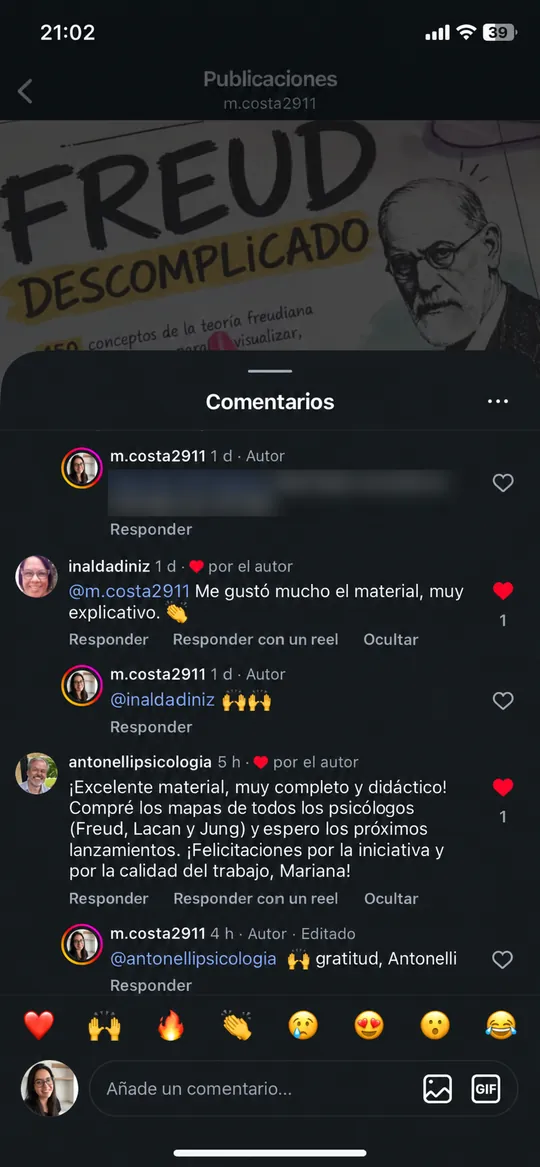 Traducción al español de una captura en portugués de los comentarios en el post de Freud Descomplicado en el Instagram de Mariana: inaldadiniz dice que le gustó mucho el material, muy explicativo; antonellipsicologia dice que es excelente, muy completo y didáctico, y que compró los mapas de Freud, Lacan y Jung.