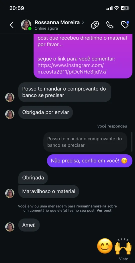 Captura de una conversación por mensaje directo de Instagram: Rossanna Moreira dice que el material es maravilloso y que le encantó.