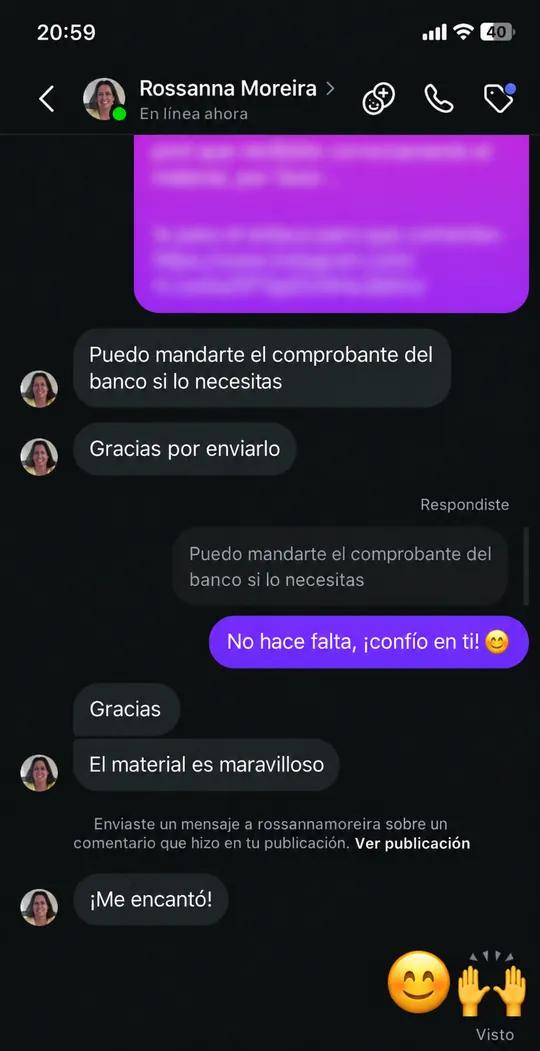Traducción al español de una captura en portugués de una conversación por mensaje directo de Instagram: Rossanna Moreira dice que el material es maravilloso y que le encantó.
